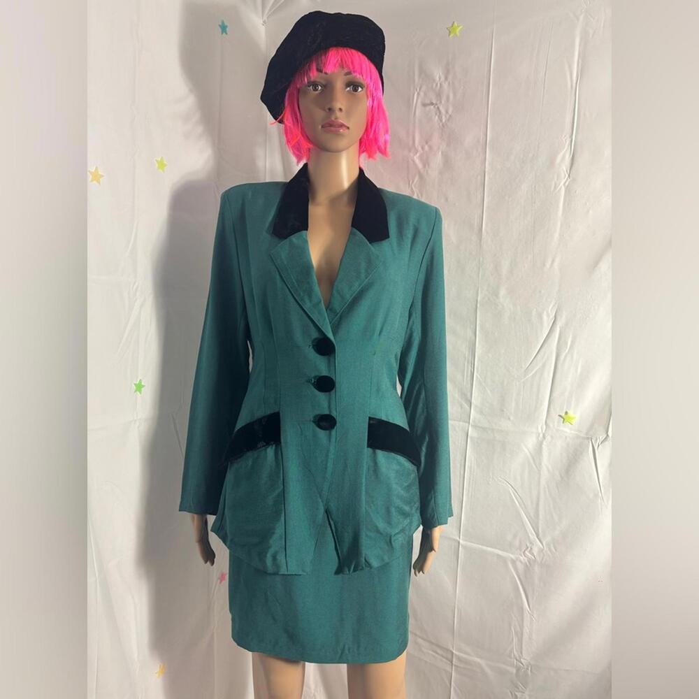 VTG 90s Teal+Black Velvet Structured Blazer and Pencil Skirt Set Size S - Picture 13 of 15
